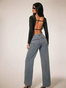 SURIMA Women's Solid Scoop Neck Backless Long Sleeve Blouse