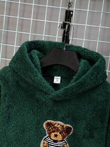 SHEIN Sudadera con capucha casual con forro térmico de oso para adolescentes, cálida - Verde - Ver 7