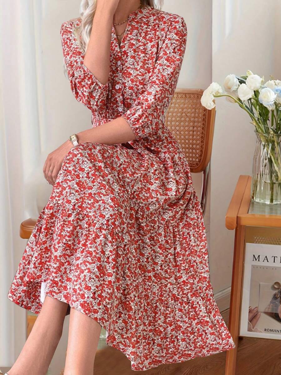 SHEIN Clasi 女式长立领碎花连衣裙 长款女装 - 彩色 - 查看 1