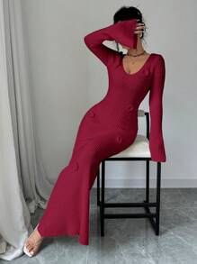 Selianne 1 件女式纯色 V 领喇叭袖花卉装饰长款优雅毛衣连衣裙，秋冬 - 酒紅色 - 查看 6