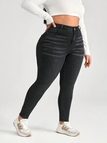 SHEIN CURVE+ 黑色加大码牛仔裤 紧身弹力长裤 经典百搭