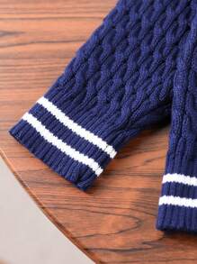 Young Girl Striped Print Button Front Long Sleeve Knit Cardigan - Royal Blue - View 4