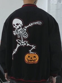 Manfinity EMRG Męska jesienna swobodna kurtka dżinsowa z nadrukiem i czaszką świąteczną, zapinana na guziki, luźna, akademicka, ciemna, na imprezę, prezent dla chłopaka