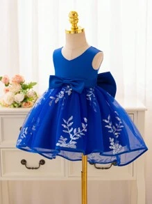 Glamorique Kids Christmas Baby Girls' Partywear Blue Sequin Mesh Trailing Dress With Big Bow Satin Tulle Skirt, Baby Girl Birthday Party Formal Gown - Royal Blue - View 2