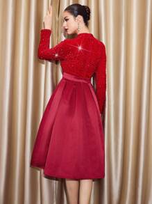 Vintamour Vintage Elegant Women's Patchwork Sequins Velvet Boat Neck Long Sleeve Satin Midi A-Line Party Dress,Autumn Winter Burgundy Christmas Thanksgiving - Red - View 6
