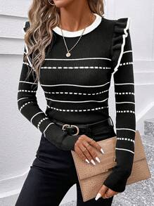 SHEIN Clasi Tight Striped Printed Ruffle Trim Elegant Long Sleeve Pullover Sweater,Long Sleeve Tops In Fall/Winter - Black - View 3