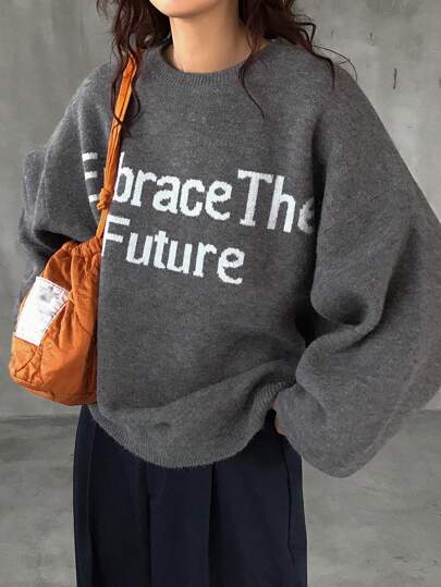 FRIFUL Suéter holgado de cuello redondo de manga larga con letra de ganchillo simple y casual para mujer, ropa de otoño