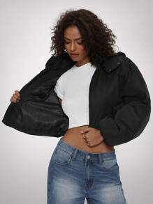 Forever 21 纯色前拉链长袖短款休闲外套 - 黑色 - 查看 7