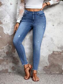 SHEIN LUNE Jeans de mezclilla simples con bolsillo delantero y botones para mujer, uso casual diario - Azul - Ver 5