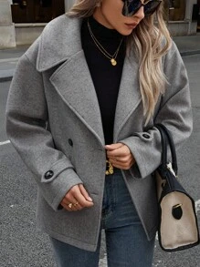 EMERY ROSE Women's Solid Color Double-Breasted Overcoat, Autumn & Winter Fall Cloth For Women - Dark Grey - View 6