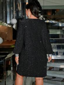 大码女式休闲 V 领长袖直筒宽松全身印花连衣裙，秋季 - 黑色 - 查看 2