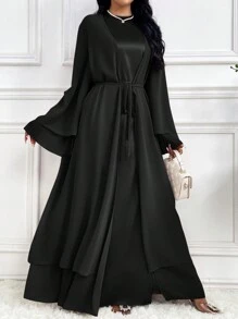 Al Najma Áo choàng Abaya cổ tròn dài tay loe buộc eo thanh lịch cho nữ, phong cách thanh lịch giản dị cho trang phục thường ngày/công sở/ngày lễ/tiệc tối/khách dự tiệc cưới - màu đen - Xem 1