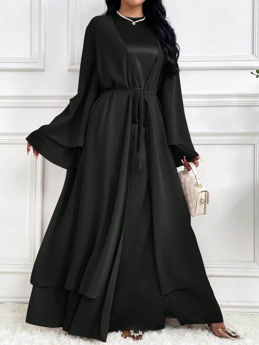 Al Najma Áo choàng Abaya cổ tròn dài tay loe buộc eo thanh lịch cho nữ, phong cách thanh lịch giản dị cho trang phục thường ngày/công sở/ngày lễ/tiệc tối/khách dự tiệc cưới - màu đen - Xem 1