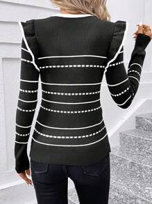 SHEIN Clasi Tight Striped Printed Ruffle Trim Elegant Long Sleeve Pullover Sweater,Long Sleeve Tops In Fall/Winter - Black - View 2