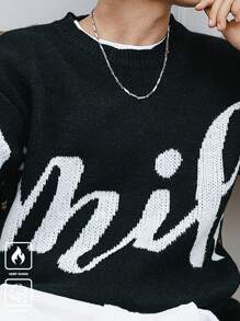 Manfinity Roghcode Men's Letter Pattern Crew Neck Long Sleeve Casual Sweater For Autumn And Winter - Black and White - View 3