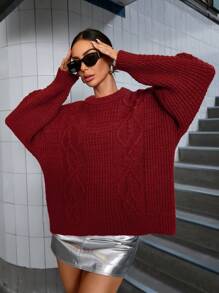 Aveloria Modichic Retro Elegant Loose Knitted Round Neck Sweater For Women, Burgundy
