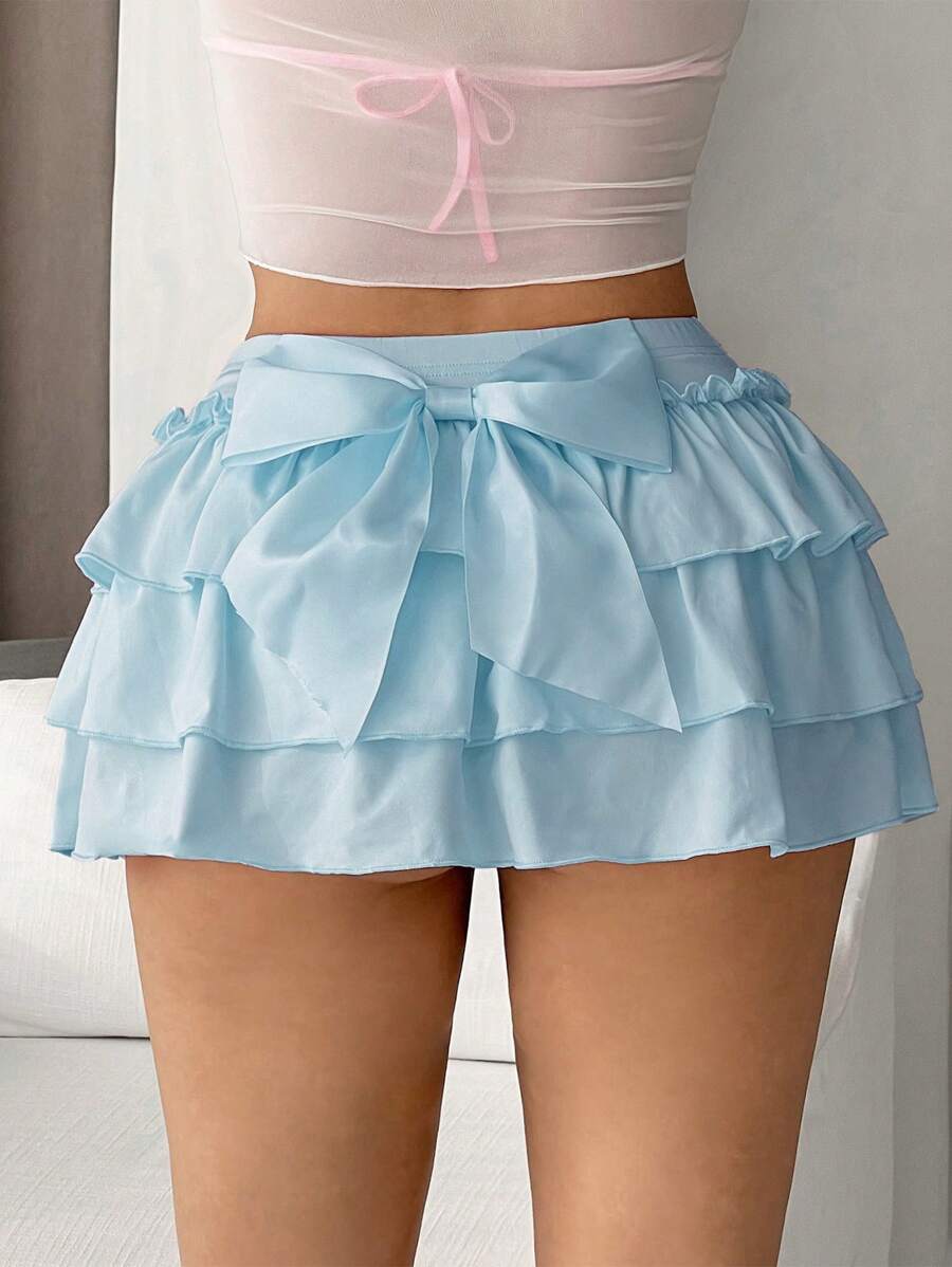 Sweetina Women's Solid Color Low Waist Super Short Cake Layered Big Bow Skirt - Baby Blue - View 1