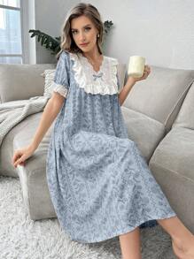 CottageSlumber Color Blocking Ruffle Patchwork Floral Print Short Sleeve Nightgown Babydoll For Women Perfect Summer, Moo Moo - Blue - View 1