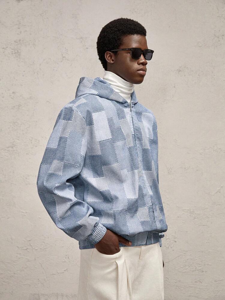 Men's Woven Relaxed-Fit Hooded Casual Long Sleeve Short Bomber Jacket Suitable For Autumn And Winter, PU Leather Plaid Pattern With Metallic Blue Zipper, Geometric Design