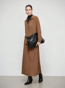 SHEIN LUNE 2 件套女士纯色落肩长袖纽扣衬衫和中长裙休闲套装，秋季 - 棕色 - 查看 3