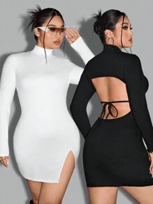 SHEIN ICON Plus Size Solid Color Zip-Up Long Sleeve Simple Fitted Short Dress