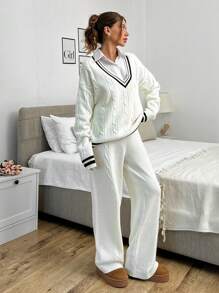 EURMUSE 2 Stücke/Set Lässig College Stil Farbblock Streifen Zopfstrick Pullover und Hose Set - Beige - Übersicht 5