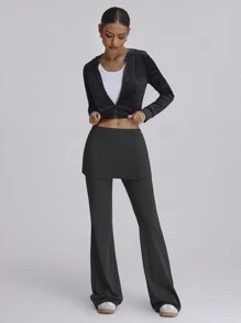 Forever 21 女士纯色拼布二合一裙子喇叭裤，时尚设计 - 黑色 - 查看 4