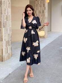 DAZY Women's V-Neck Allover Floral Print Dress Sundress,Dress For Wedding - Black - View 7