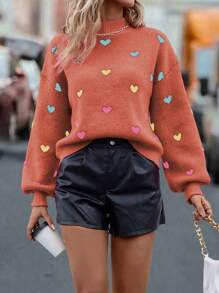 Chiquease Áo len dệt kim tay phồng dáng rộng, vai rớt, họa tiết trái tim, thích hợp cho mùa thu/đông. - Màu Cam cháy - Xem 3
