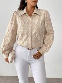 Flirla Plus Size Full Print Front Button Elegant Ladies Long Sleeve Blouse Women Shirt - Apricot - View 3