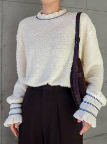 FRIFUL Damen Flauschiges Rüschen-Saum Farbblock T-Shirt mit thermisch gefüttertem Langarm Damen Oberteil, Herbst Damenmode