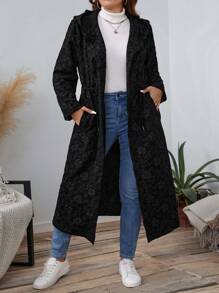 SHEIN LUNE Áo khoác hoodie thường ngày cổ bẻ buộc eo màu trơn cỡ lớn - màu đen - Xem 3