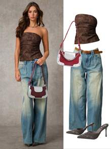 SHEIN BAE 棕色皮革外观 PU 褶皱抹胸上衣，女式秋季上衣，露肩上衣，性感女式上衣 - 咖啡棕 - 查看 7