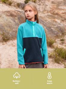 SHEIN Girls' Plain Color Patchwork Button Front Long Sleeve Pocket Casual Sweatshirt - Blue - View 5