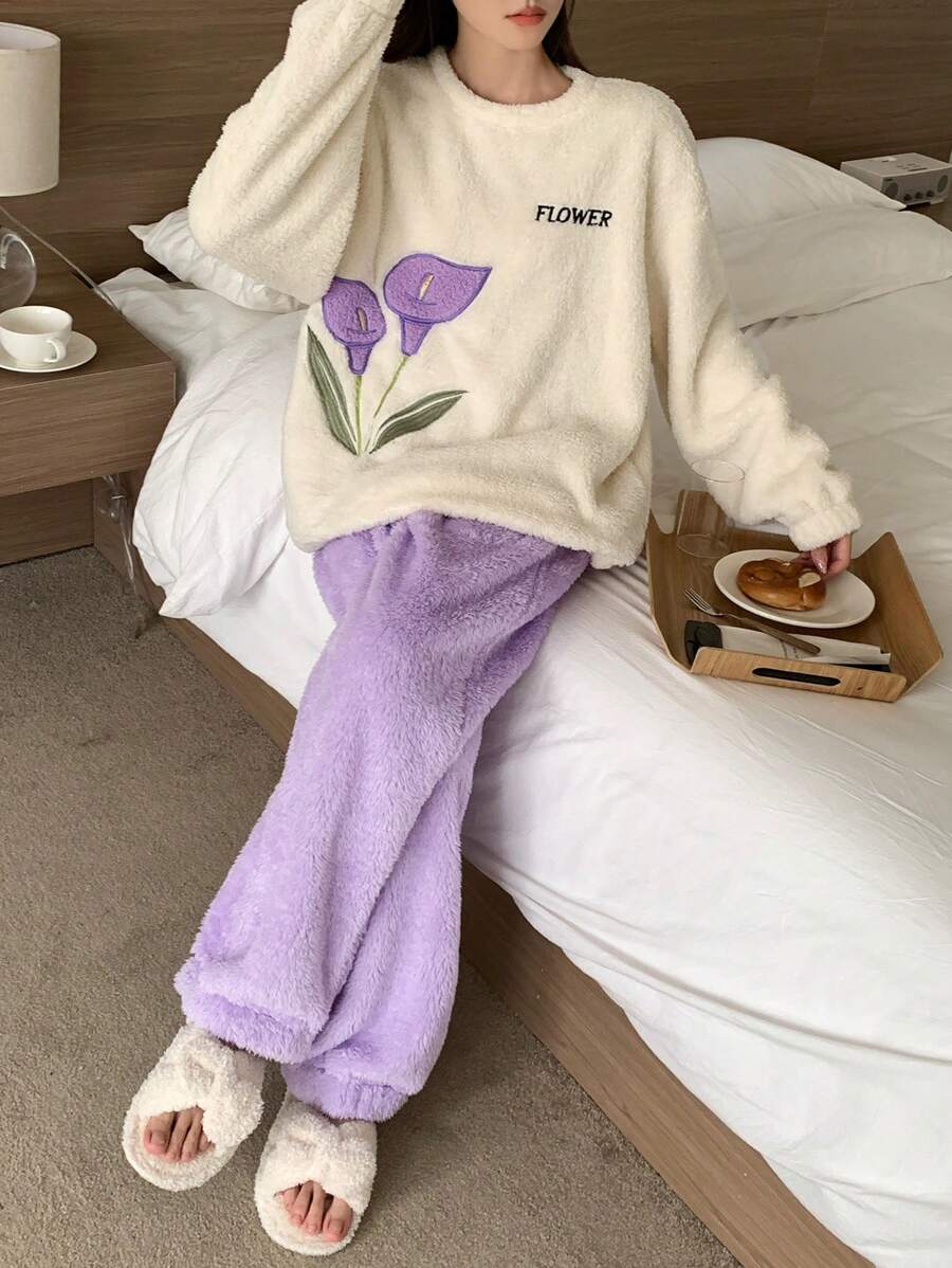 DAZY Flannel Thickened Floral Embroidered Decorative Pajama Set, Winter - Purple - View 1