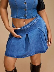 Forever 21 Plus Size Fashion A-Line Pleated Denim Skirt - Blue - View 7