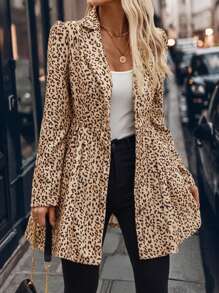 SHEIN Clasi Abrigo largo elegante de manga larga con cinturón y estampado de leopardo para mujer