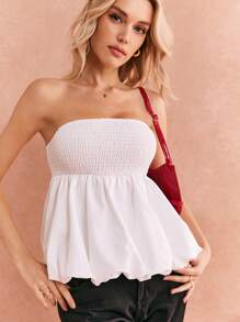 Poéselle White Tight Bubble Trim Bustier Top, Puffball Hem White Top,Going Out Tops, Concert,Fall,Perfect For Going Out On A Date,Everyday Top - White - View 2
