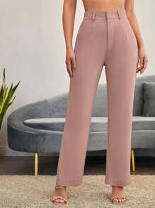 SHEIN Essnce Quần âu đơn giản màu trơn tối giản cho nữ, thích hợp đi làm, mùa thu - Màu Hồng baby - Xem 1