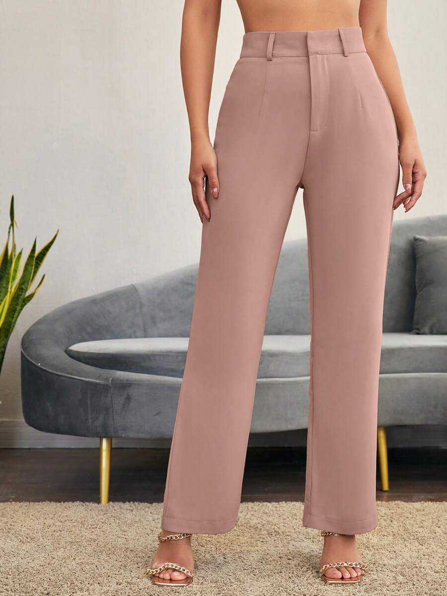 SHEIN Essnce Quần âu đơn giản màu trơn tối giản cho nữ, thích hợp đi làm, mùa thu - Màu Hồng baby - Xem 1
