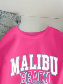 SHEIN EZwear MALIBU 印花休闲宽松圆领长袖厚款女式运动衫，秋冬款 - 粉色 - 查看 4