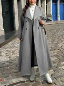 SHEIN Privé Plus Size Damski Zimowy Płaszcz Dwurzędowy Z Klapą Casual Wełniany Średniej Długości