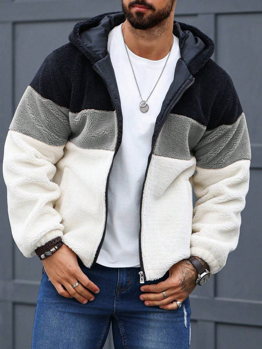 Manfinity Homme Men's Long Sleeve Plain Color Patchwork Front Zip Up Casual Hooded Jacket, Fleece Jacket, Patchwork Hoodie, Men Sherpa Jacket, Color Block Hoodie, For Fall Winter - Multicolor - View 1