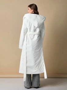 EURMUSE Manteau d'hiver avec ceinture, style léger, col châle et détails de col à capuche, rembourré long - Marron - Voir 2