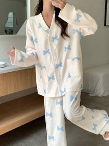 DAZY Winter Striped Textured Cute Bow Pattern Print Cardigan Pajamas Set,Back To School Clothes - Beige - View 6