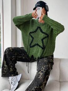 Flirla Plus Size Star Pattern Sweater Knit Pullover Fall Winter - Green - View 4