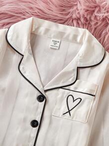 SHEIN Genkimix Kids 2 件套年轻女孩简约香槟色条纹长袖开衫和裤子家居套装 - 香檳色 - 查看 5