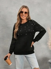 SHEIN LUNE 女士休闲蝙蝠袖珍珠串珠套头衫，长袖上衣