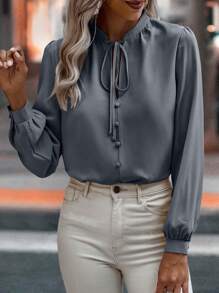SHEIN LUNE Women's Solid Color Belted Long Sleeve Blouse - Dusty Blue - View 3