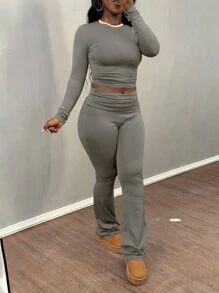 Women Casual Solid Color T-Shirt And Flared Pants Set For Daily Wear, Autumn